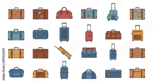 Large set of various suitcases travel bags and luggage types in different colors and sizes for vacation and tourism planning themes.