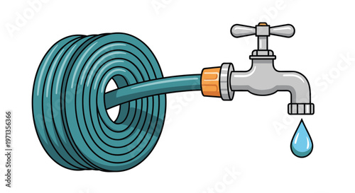 Garden hose coiled and connected to a metal outdoor tap with a single water drop representing water conservation and irrigation tasks.