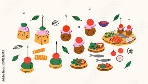 Mediterranean appetizers. Tapas, finger food, small sandwich on skewers, bruschettas. Flat vector illustration on isolated background. Design for restaurant, menu, party catering,buffet, banquet