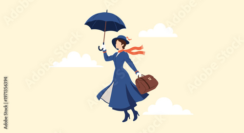 Magical woman flying through the sky with an umbrella and a large bag above the clouds inspired by a classic fictional character.