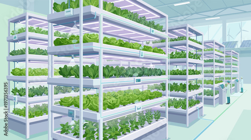Illustration of a modern vertical farm. Scientists monitor smart hydroponic systems growing fresh lettuce under LED lights. Concept for future sustainable urban agriculture.