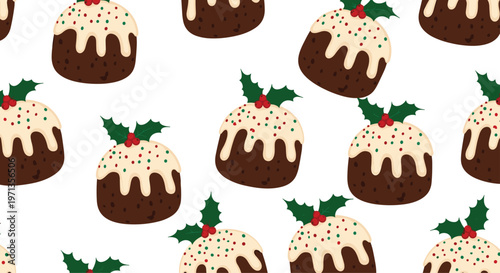 Sweet festive seamless pattern showing traditional british christmas puddings with white icing and holly berry toppers.