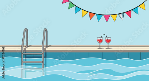 Serene poolside scene with blue water, two red cocktails on the edge, and festive colorful party bunting above.