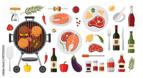 Large collection of barbecue themed elements including a grill, meat, fish, vegetables, wine, sauces, and cooking tools.