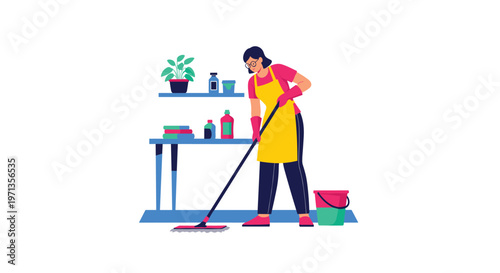 Woman in yellow apron and pink shirt cleaning the floor with a mop in a laundry room with shelves and supplies.