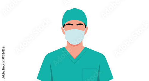 Professional portrait of a medical surgeon wearing a green scrub suit, surgical cap, and protective face mask.