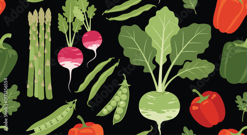 Vibrant seamless pattern featuring diverse fresh vegetables like peppers, peas, asparagus, and radishes on black.