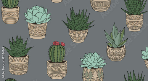 Stylish seamless pattern with different potted succulents and cacti in decorative ceramic bowls on a gray background.