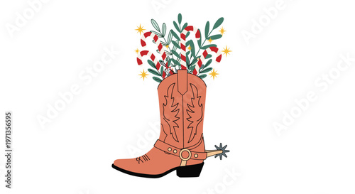 Festive cowboy boot used as a vase filled with green leaves, golden stars, and striped christmas candy canes.