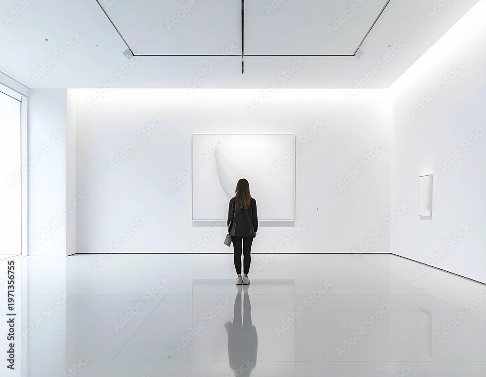 Fototapeta premium Woman admiring minimalist art in a pristine white gallery.