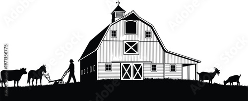 Farm silhouette scene featuring a large barn with a farmer plowing fields alongside a horse cow and goats for rural agriculture design projects.