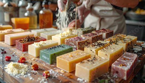 Artisan soap making process featuring colorful, natural bars on a wooden table. Perfect for skincare, beauty, and wellness brands looking for a rustic, highquality, and organic aesthetic.