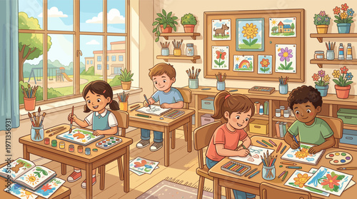 A vibrant illustration of diverse children happily drawing and painting in a sunlit art class. Perfect for education, creativity, and back-to-school themes.