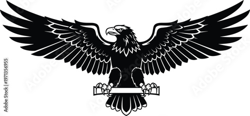 Powerful bald eagle silhouette with spread wings clutching a perch isolated on white background for patriotic military mascot and heraldry wildlife design projects.