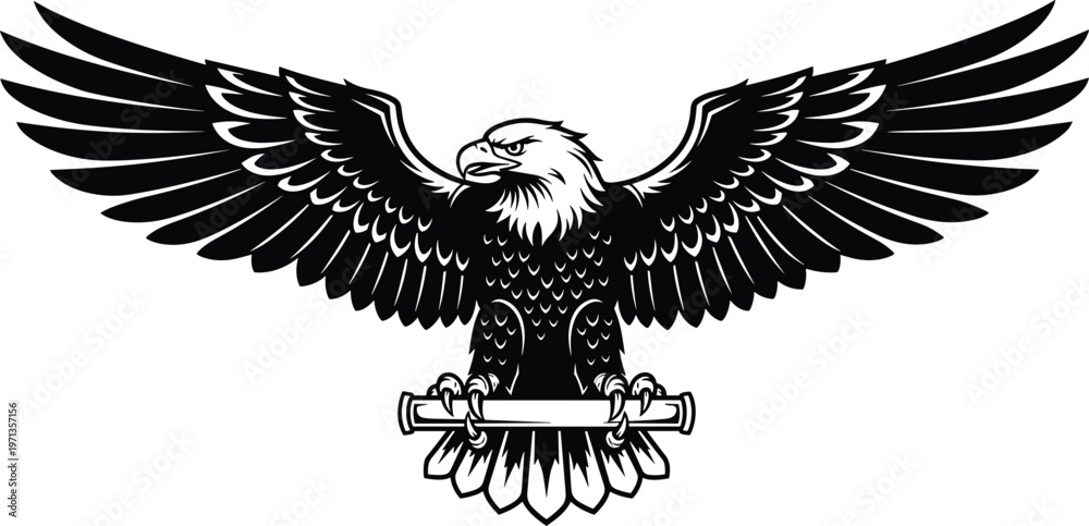 Ταπετσαρία Powerful majestic bald eagle mascot black and white vector silhouette with spread wings clutching a horizontal scroll or tube isolated on a white background