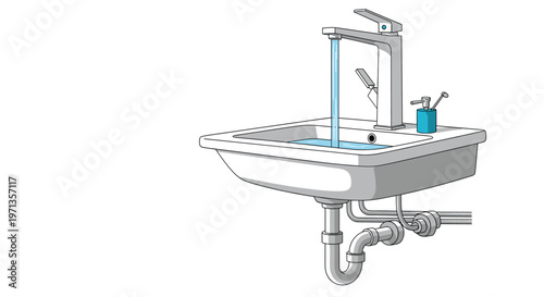 Modern white sink with a sleek chrome faucet showing a stream of running water and visible plumbing pipes underneath on a white base.