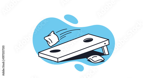 Illustration of a cornhole board game with a bean bag being thrown towards the hole on a stylized blue blob background.