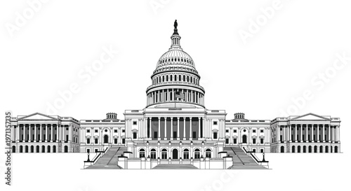 Black and white line drawing of the United States Capitol building in Washington DC featuring the iconic dome and classical architecture.