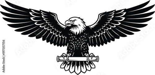 Powerful majestic bald eagle mascot black and white vector silhouette with spread wings clutching a horizontal scroll or tube isolated on a white background.