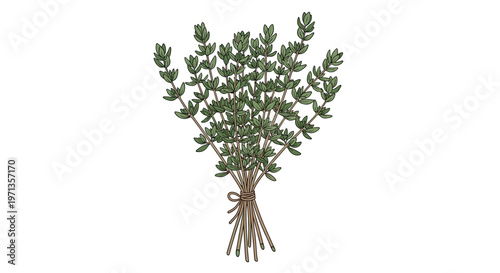 Fresh bundle of green thyme herbs is tied together with a simple string for culinary and aromatic gardening themes.
