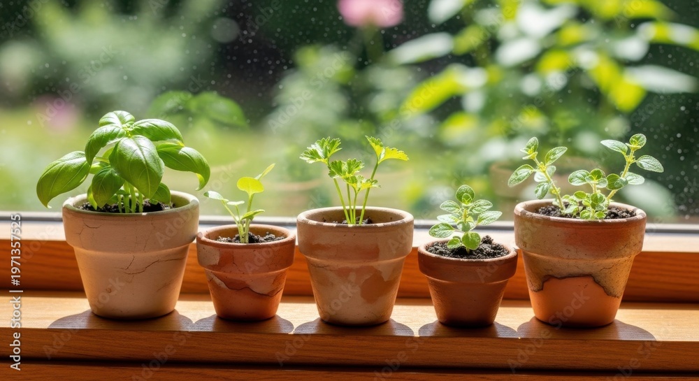 Fototapeta premium Row of Small Potted Herb Seedlings Growing in Terracotta Pots on a Sunny Windowsill