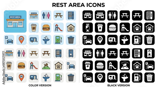 Rest Area Icon Set with Food Court, WiFi, Picnic, Restroom, and Travel Essentials Symbols