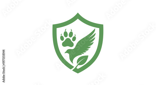 Green shield logo with bird paw leaf.