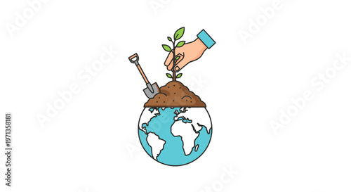 Hand holding plant on globe earth.