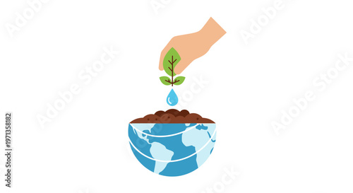 Hand holding plant growing from globe.