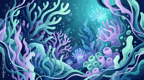 A vibrant illustration of a magical underwater world. Glowing corals and seaweed in cool blue and purple tones create a dreamy, serene mood. Perfect for web and print backgrounds.