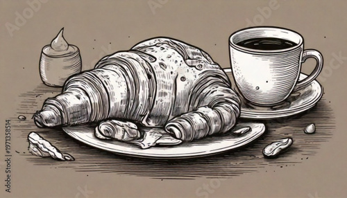 Hand Drawn Croissant Sandwich and Coffee Illustration.