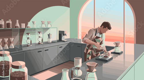 Illustration of a male barista preparing specialty coffee in a modern cafe. The scene shows professional equipment and a calm morning atmosphere. Perfect for cafe branding.