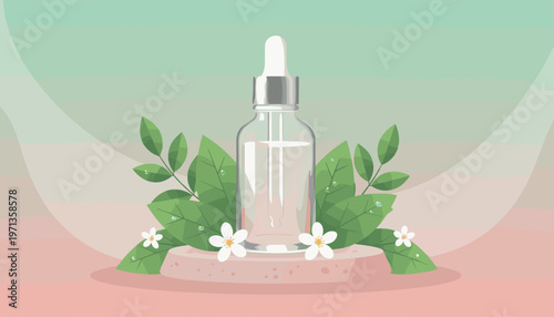 A cosmetic dropper bottle with green leaves and white flowers on a pastel background. Perfect for organic skincare, beauty products, and wellness advertising. Minimalist vector style.