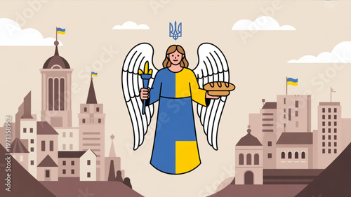 Guardian Angel of Ukraine: A symbolic representation of the national spirit of Ukraine, with an angel, holding a torch and a loaf of bread, against a backdrop of a stylized cityscape.