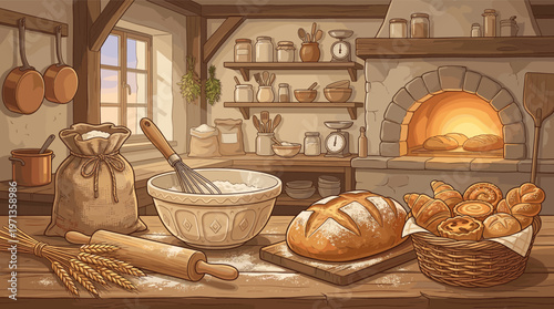 Charming illustration of a rustic bakery. Fresh bread, pastries, and ingredients on a wooden table near a warm stone oven. Cozy, traditional, ideal for food blogs or packaging.