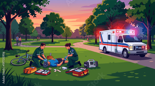 Illustration of paramedics treating an injured cyclist after an accident in a park at sunset. Concept of emergency medical services, healthcare, and safety.