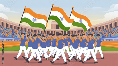 Marching Proud: A group of individuals proudly carry flags during a stadium event, symbolizing patriotism, national pride, and unity.
