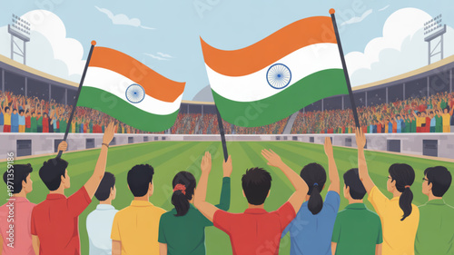 Indian Flag at Stadium: A vibrant stadium scene unfolds as patriotic fans wave the Indian flag in a display of national pride and unity.
