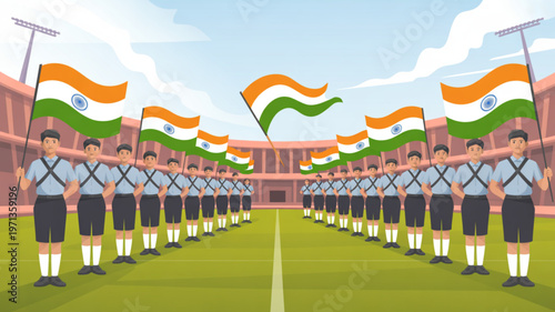 Salute to National Pride: A grand assembly of people proudly holding their flags in a stadium, demonstrating a patriotic display of unity, pride, and national honor.