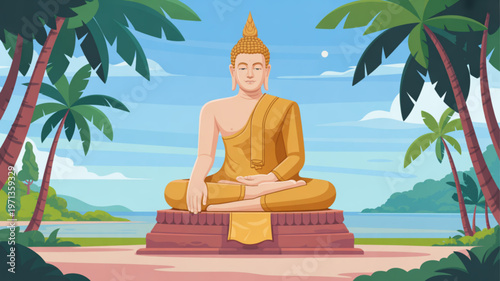 Serene Buddha by the Sea: A serene Buddha statue sits peacefully, radiating tranquility near the sea. Lush palm trees frame the scene, creating a sense of calm and spiritual reflection.
