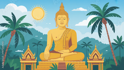 Serene Buddha in Tropical Paradise: A majestic golden Buddha statue sits peacefully in a lush tropical paradise, surrounded by palm trees, sun, and intricate architectural details.