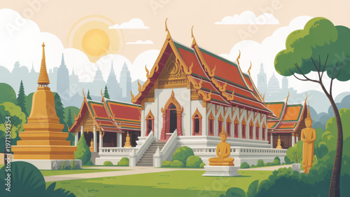 Temple Sanctuary: A vibrant illustration showcases a majestic temple, its ornate architecture and spiritual ambiance captivating the viewer, evoking a sense of tranquility.