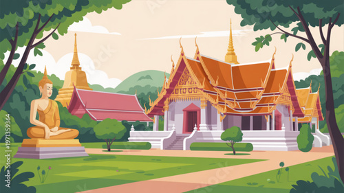 Serene Temple in Lush Landscape: A tranquil Buddhist temple, adorned with intricate golden details, nestled within a verdant landscape, radiating a sense of peace and spirituality.