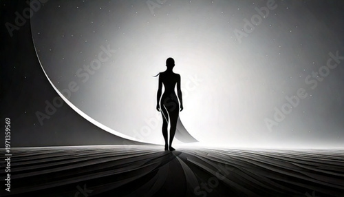 Silhouette of a robot walking in a futuristic landscape.