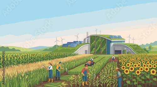 Vector illustration of a modern eco farm with farmers harvesting crops. Features solar panels, wind turbines, and a green roof. Concept for sustainable agriculture, future food.