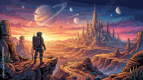 Astronaut explorer on a rocky cliff overlooking a futuristic city on an alien desert planet. A breathtaking sci-fi scene with planets, stars, and spaceships at sunset.