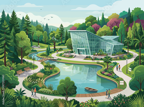 A serene public park with a modern glass conservatory, lake, and walking paths. People enjoy nature. Perfect for community, architecture, and sustainable city concepts.