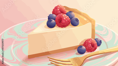 A delicious slice of creamy cheesecake with fresh raspberries and blueberries. This sweet vector illustration is perfect for menus, food blogs, and bakery branding.