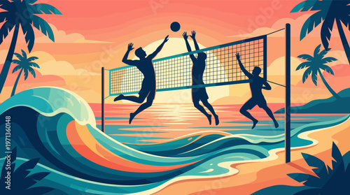 Stylized vector illustration of silhouettes playing beach volleyball at sunset. Perfect for summer sports, travel promotions, or active lifestyle themes.
