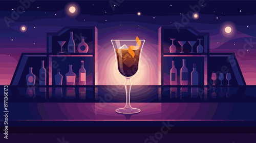 A sophisticated cocktail sits on a bar under a starry night sky. This modern vector illustration is perfect for menus, nightlife promotions, and elegant branding.